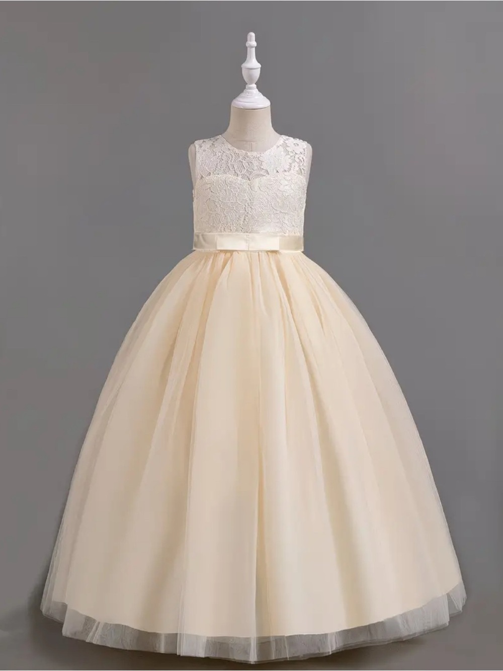 1-Champagne Lace & Tulle Flower Girl Dress with Satin Bow